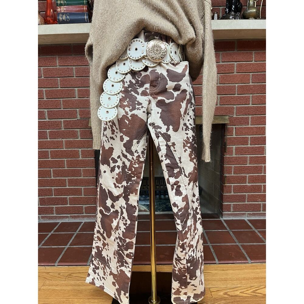 Free People Risk Taker Mid Rise Printed Jeans Cow Print Denim Brown Cream 25